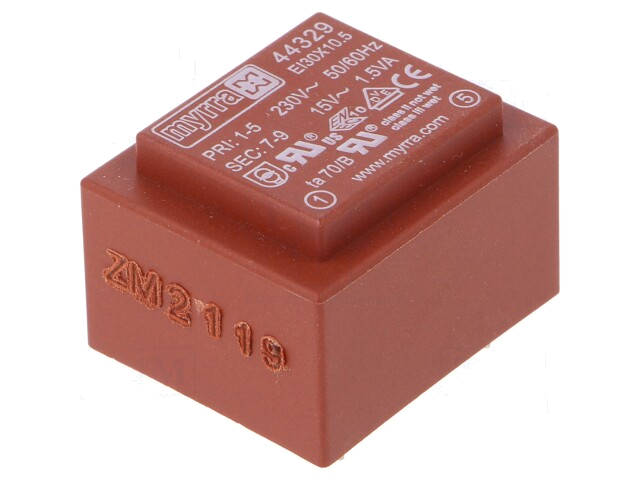 Transformator: ingegoten; 1,5VA; 230VAC; 15V; 100mA; PCB Transformator: ingegoten; 1,5VA; 230VAC; 15V; 100mA; PCB